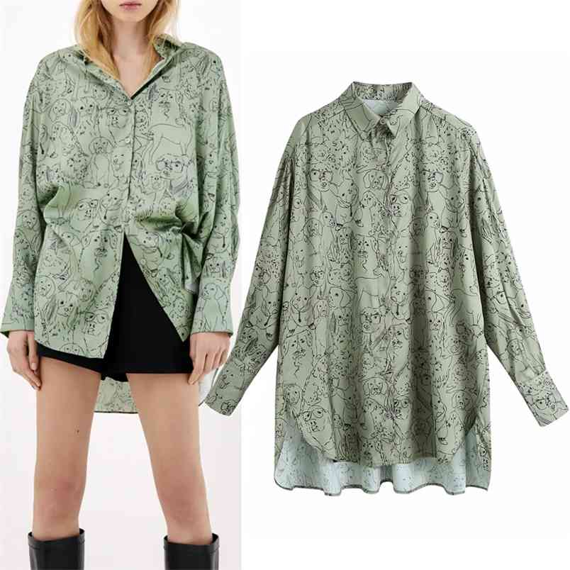Green Animal Printed Oversized Button Up Shirt Women Autumn Collared Long Sleeve Blouses Ladies Loose Casual Top 210519