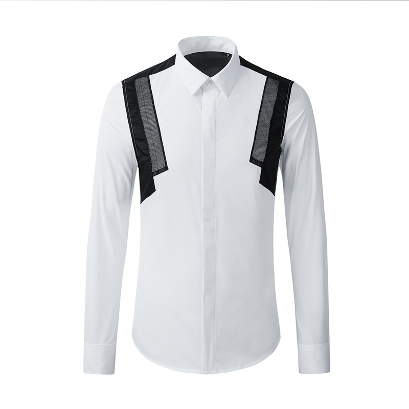 IEFB Fashionable Multi Position Black And White High Fiber Mesh Splicing Men's Slime Trend White Shirt Spring Blouse 9Y5609 210524