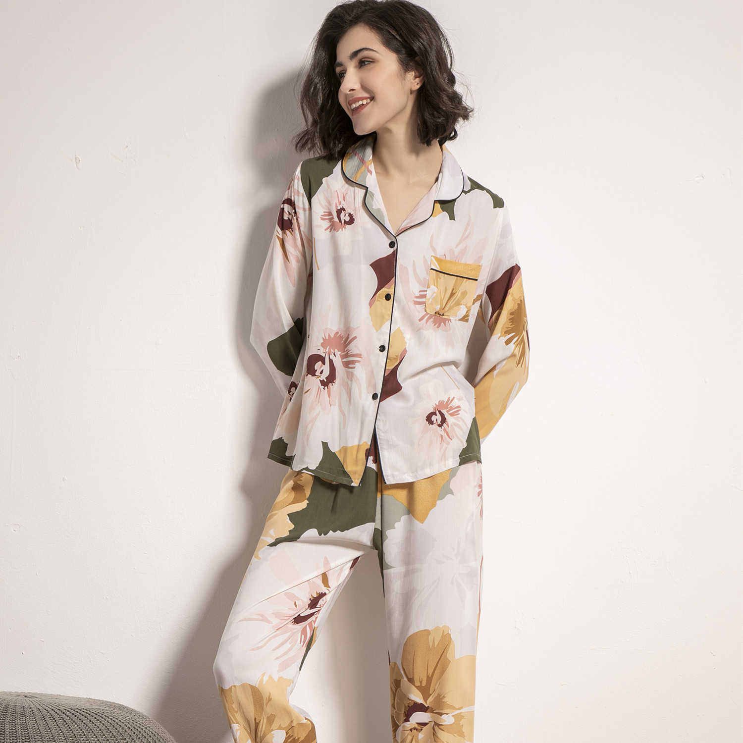 Cotton Long-sleeved Long Trousers Women Pajamas Set for Spring and Summer Autumn Comfortable Cardigan Tops Ladies Cotton Pajamas 210924