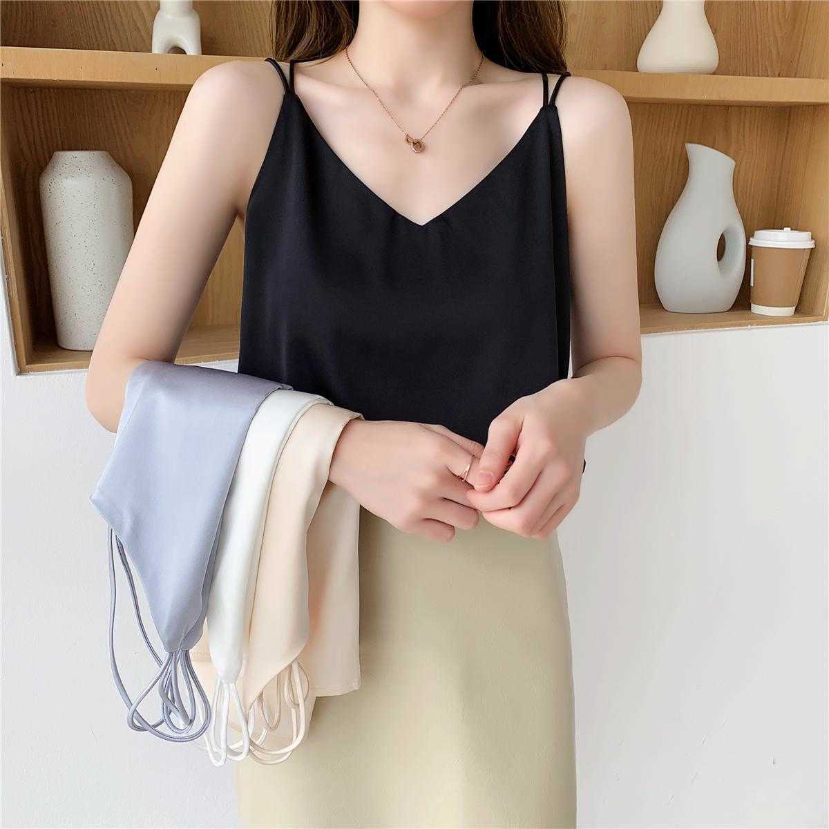 

Spaghetti Strap Top Women Blouse Halter V Neck Basic Cami Sleeveless Satin Silk Tank Top Summer Camisole Blusa Drop 210604, White