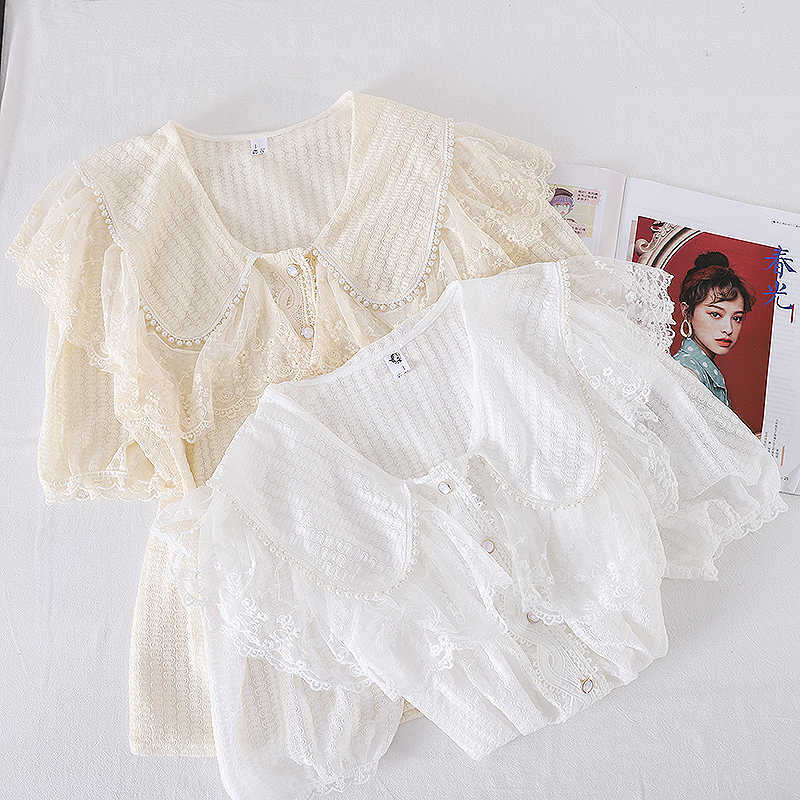 LY VAREY LIN Summer Women Sweet Single Breasted Lace Short Shirts Tops Casual Ruffled Sleeve Chiffon Office Lady Shirt 210526