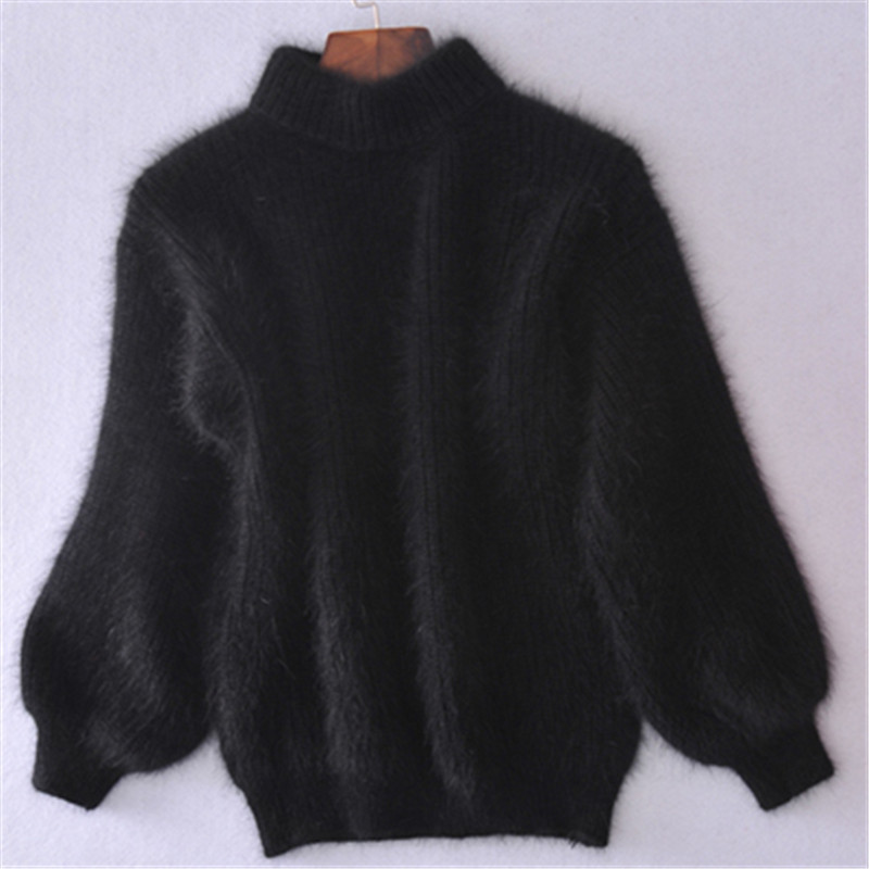 Turtleneck Mohair Sweater For Women | Warm White Knitted Lantern Sleeve Pullover B3