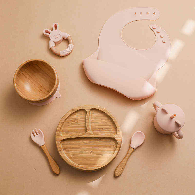 Children's Tableware Suction Cup Plate Baby Dishes 7Pcs/Set Silicone Feeding Set Kids Bibs Spoon Dish Dispensing Drinking Bowl 211027