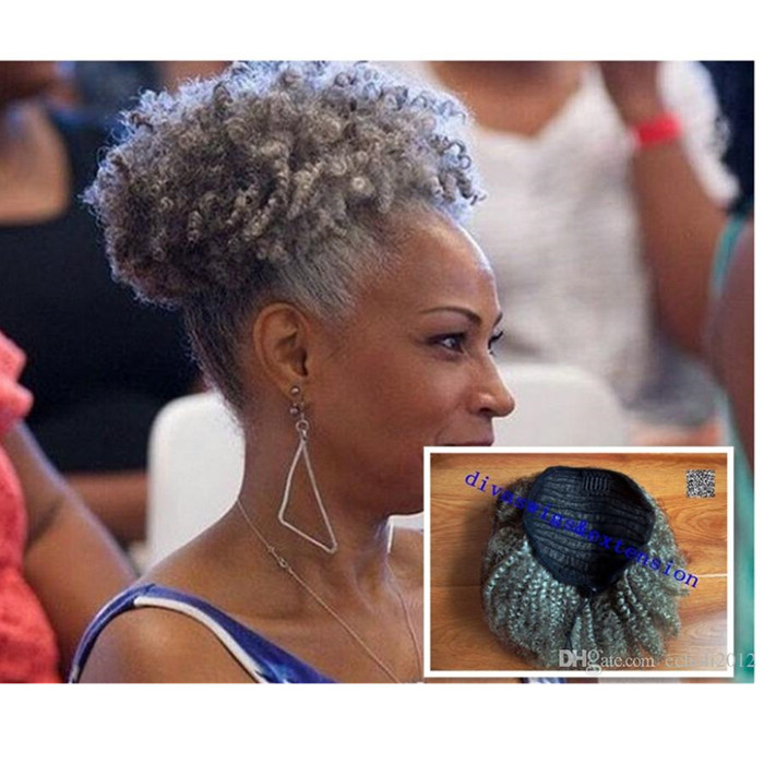 Real hair gray kinky ponytail for black women silver grey afro pony tail hairs piece 120g clip in drawstring toupee toppers