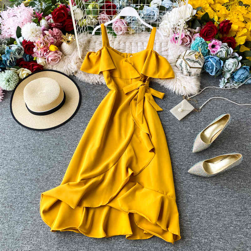 Summer Women Dress Sweet Off-shoulder Ruffled Dresses Korean Chic High Waist Ladies Bandage Party Vestidos 210519