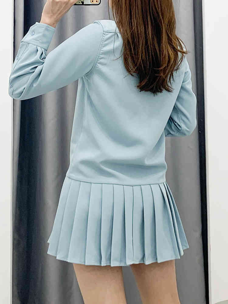 beauty Fashion Preppy Style Solid Pleated Dress Women Casual Chic Long Sleeve Mini Dresses Mujer Vestido De Moda 210514