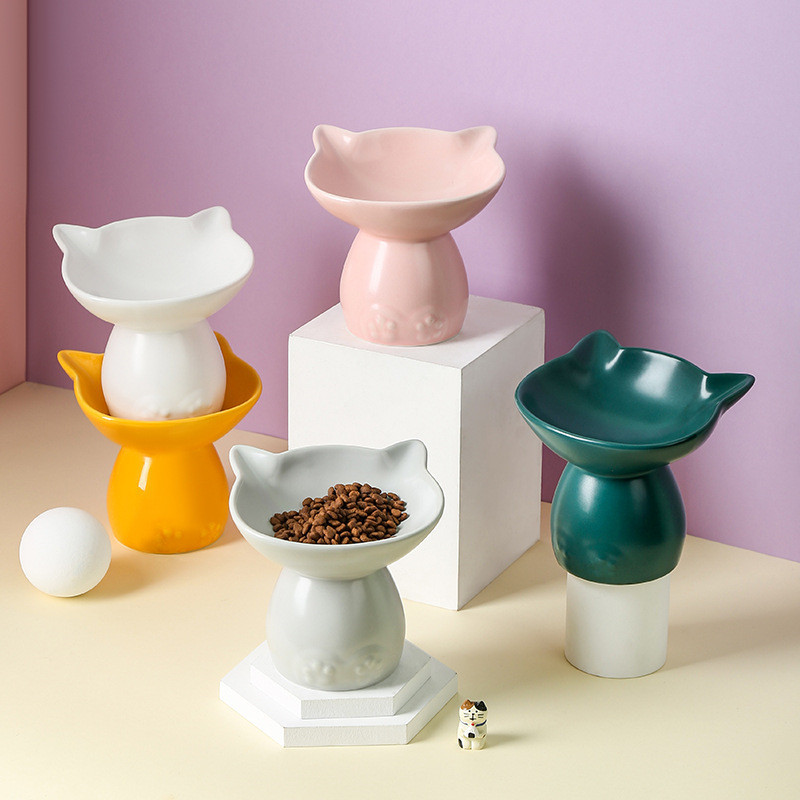 New Cat Bowl Ceramic High Foot Oblique Mouth Pet Supplies Cat Puppet Cat Rice Bowl To Protect The Cervical Spine Pet Accessories