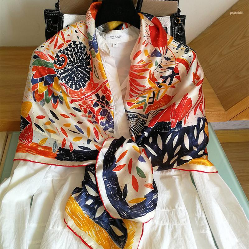 Scarves KMS Oil Painting Silk Large Square Scarf Nepalese Style Spring And Autumn Wild Decorative Sunscreen Shawl 110*110CM/30G, Blue;gray 
Scarves KMS Oil Painting Silk Large Square Scarf Nepalese Style Spring And Autumn Wild Decorative Sunscreen Shawl 110*110CM/30G, Blue;gray