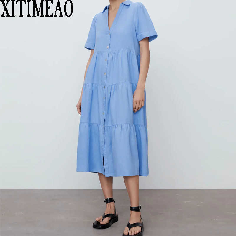 Za Women Summer Blue Dresses Vintage Casual Short Sleeve V Neck Shirt Dress Leisure Vacation Long Skirt 210602
Za Women Summer Blue Dresses Vintage Casual Short Sleeve V Neck Shirt Dress Leisure Vacation Long Skirt 210602