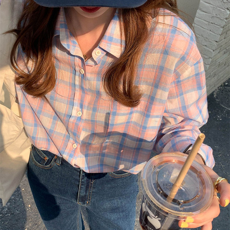 7Colors spring autumn women's blouse Korean style Basic Plaid shirt women outwear Long sleeve tops(X1812 210423