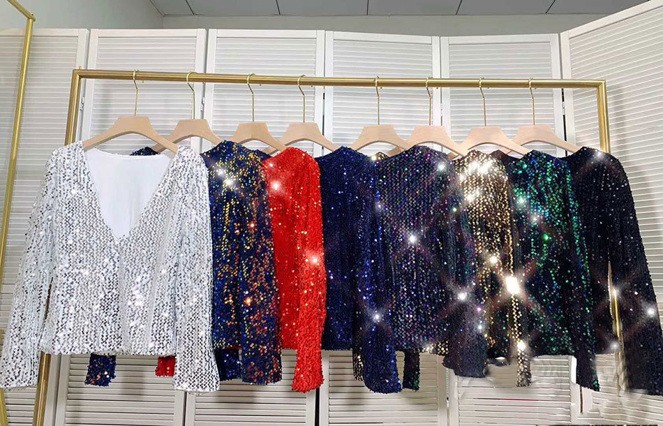 Free Fashion Shiny Sequined Blouse Women's Autumn V-neck Long Sleeve Halter Sexy Shirt Club Runway Top 210524