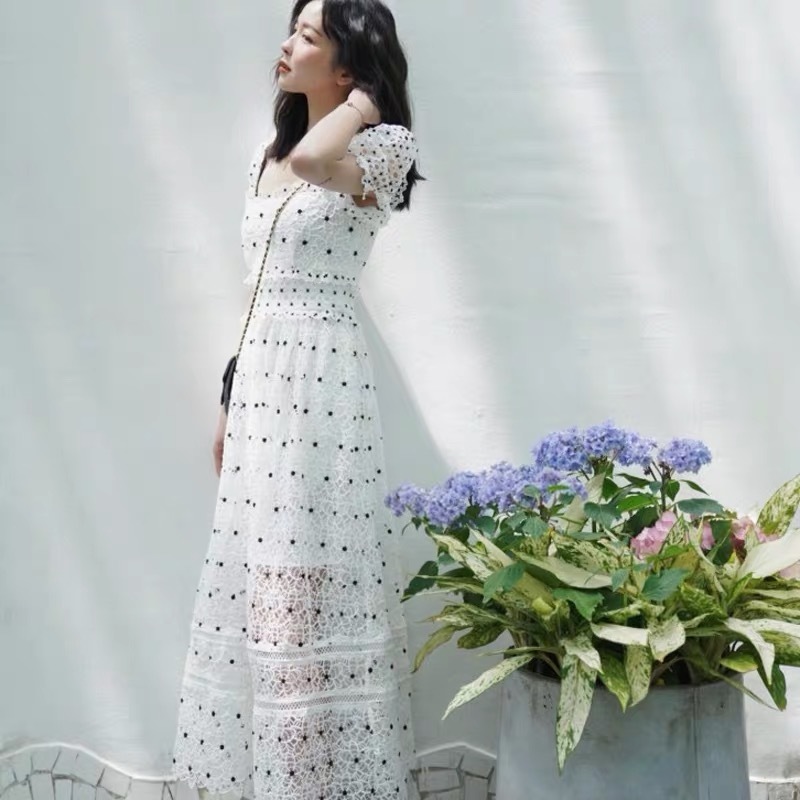 vintage victorian white polka dot A-line square collar retro midi dress women party daily robe dresses fashion chic 210421