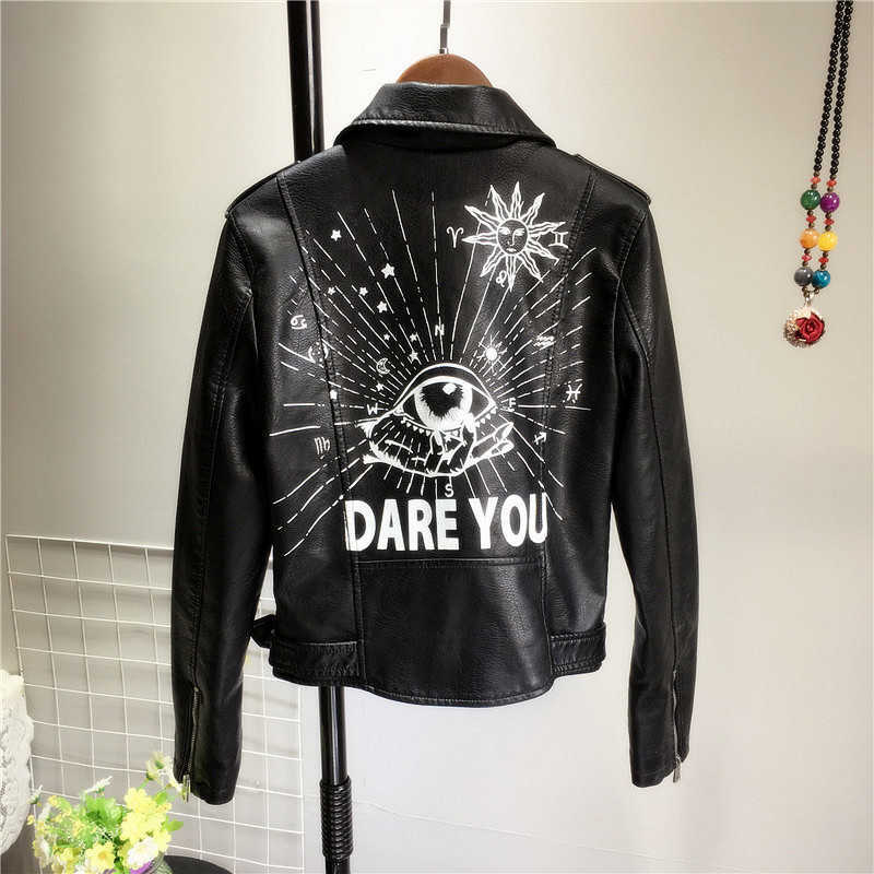LY VAREY LIN Women Biker Jackets Faux Leather Print Coats Black Rivet Motorcycle Jacket Streetwear Zipper UP Epaulet Outwear 210526