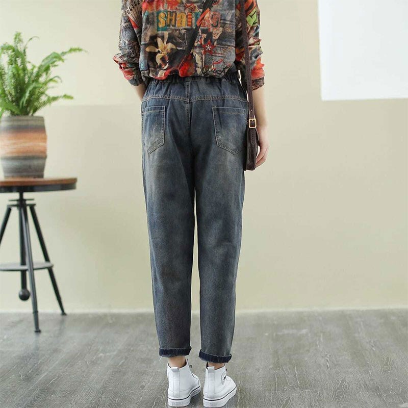 Autumn Arts Style Women Elastic Waist Loose Denim Harem Pants Double Pocket Cartoon Embroidery Casual Jeans M336 210512