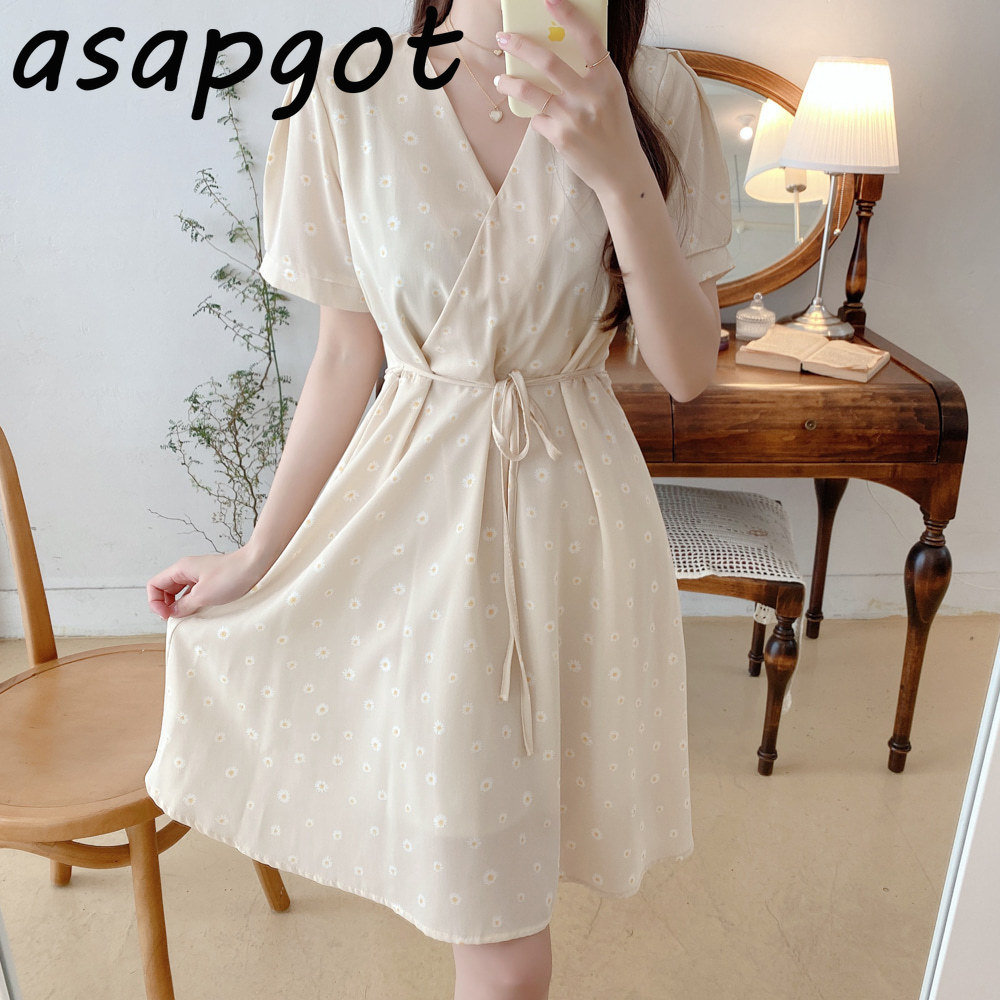 Lace Up Waist Slim V Neck Short Sleeve Floral Black White Dots Chiffon Dress Women Mini Clothes Summer Retro Vestido Sweet 210429