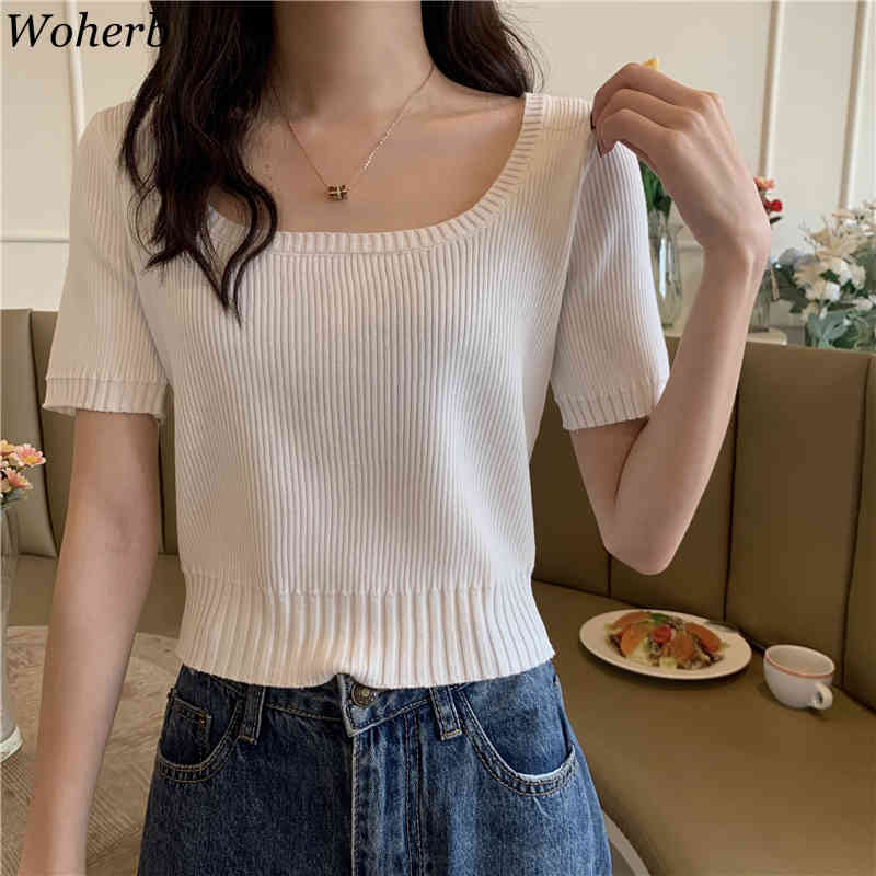 Casual Women Tops Knitted Square Collar Thin Sweater Summer Short Sleeve Girl Solid Candy Color Knitwear T Shirts 210519