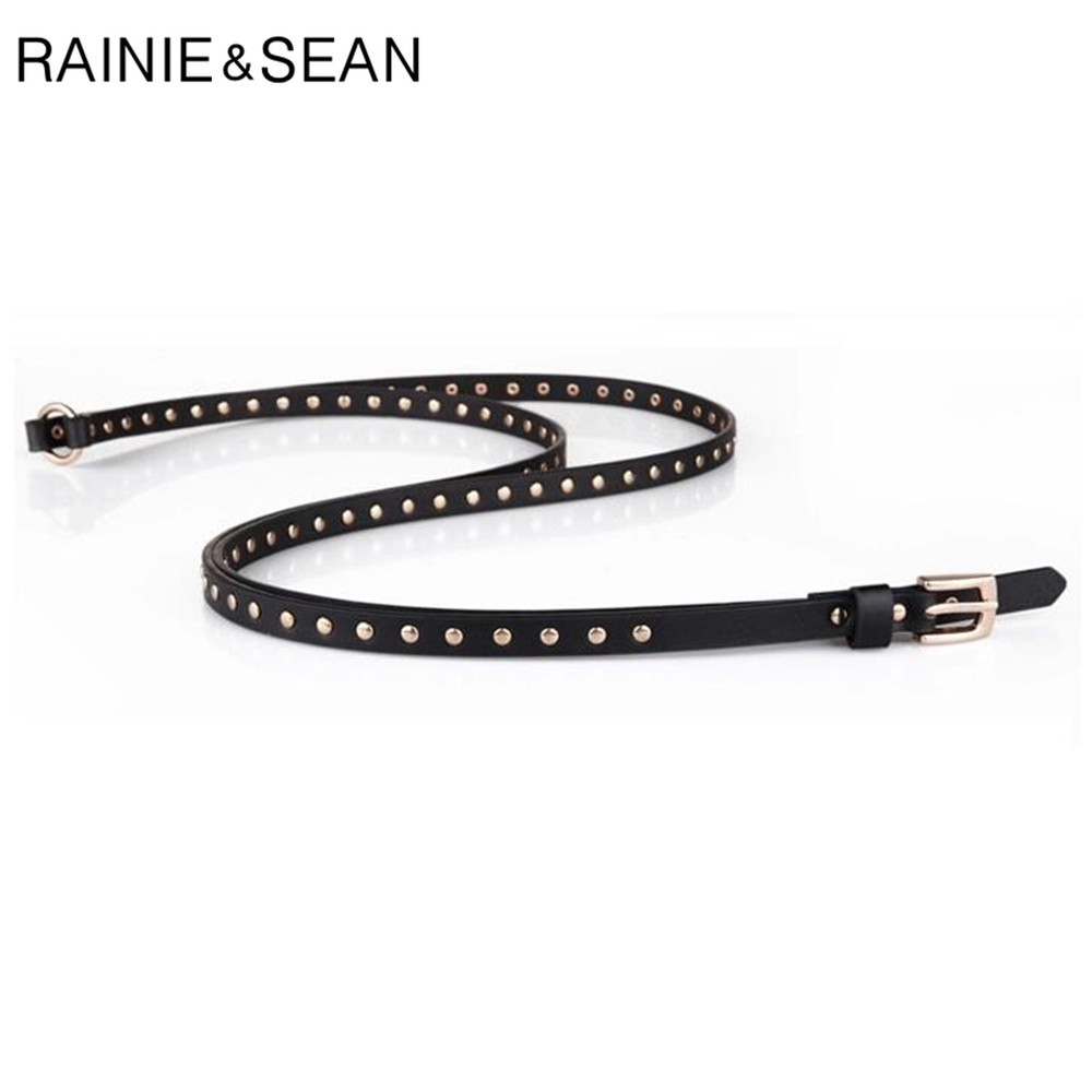 RAINIE SEAN Punk Rock Belts for Women Black Rivet Women Belt Streetwear Thin Extra Long 190cm Ladies Pin Buckle Leather Belt 210325