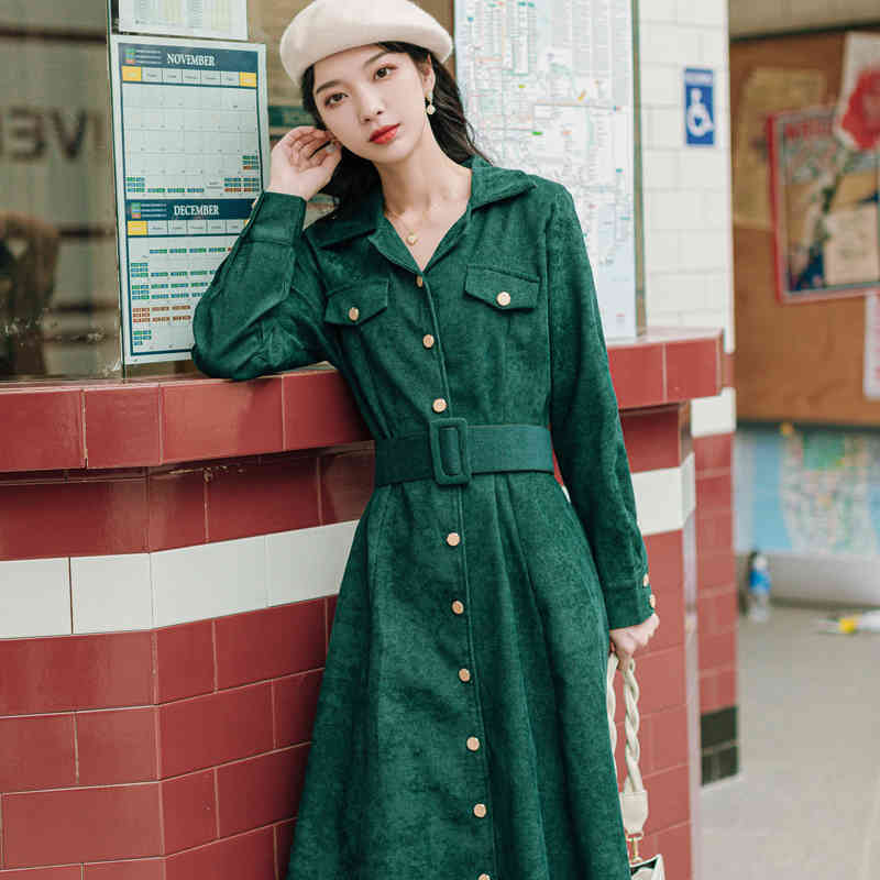 Autumn And Winter Full Sleeve Women Solid Turn-Down Collar Corduroy Dresses Vintage Elegant Long Vestidos 210520