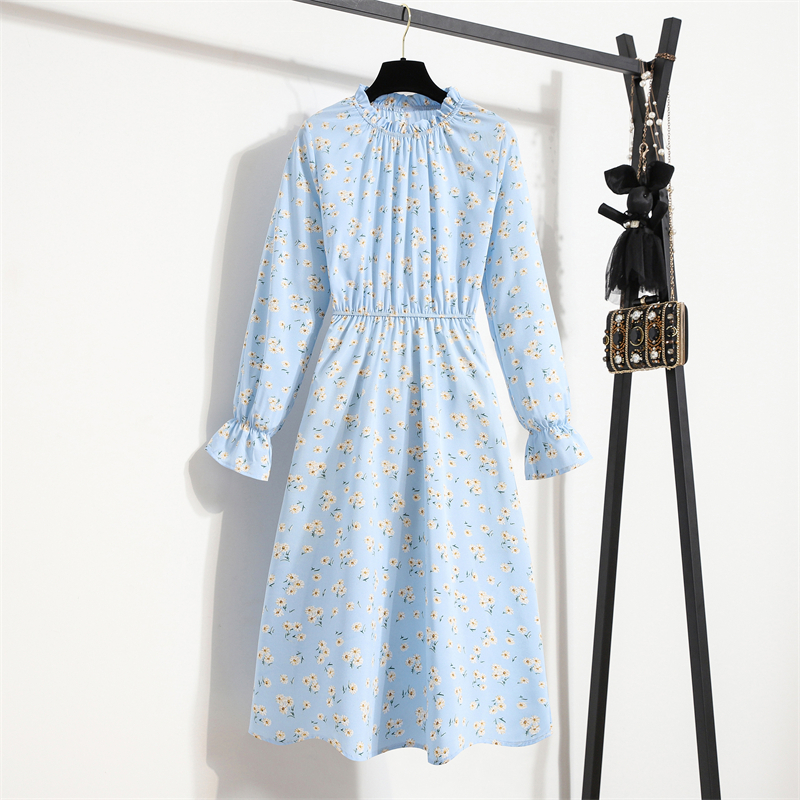 Women's Chiffon Dress Female Vintage Floral Printed Long Sleeve Half Turtleneck Midi Dresses Spring Autumn Flare Sleeve Vestidos 220310