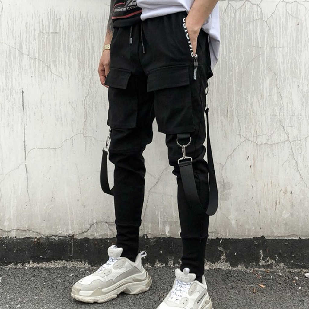 2021 Hiphop Streetwear Jogger Pant Men Black Multi-pocket Ribbons Pants Cotton Casual Street Style Sweatpants Men Y0927