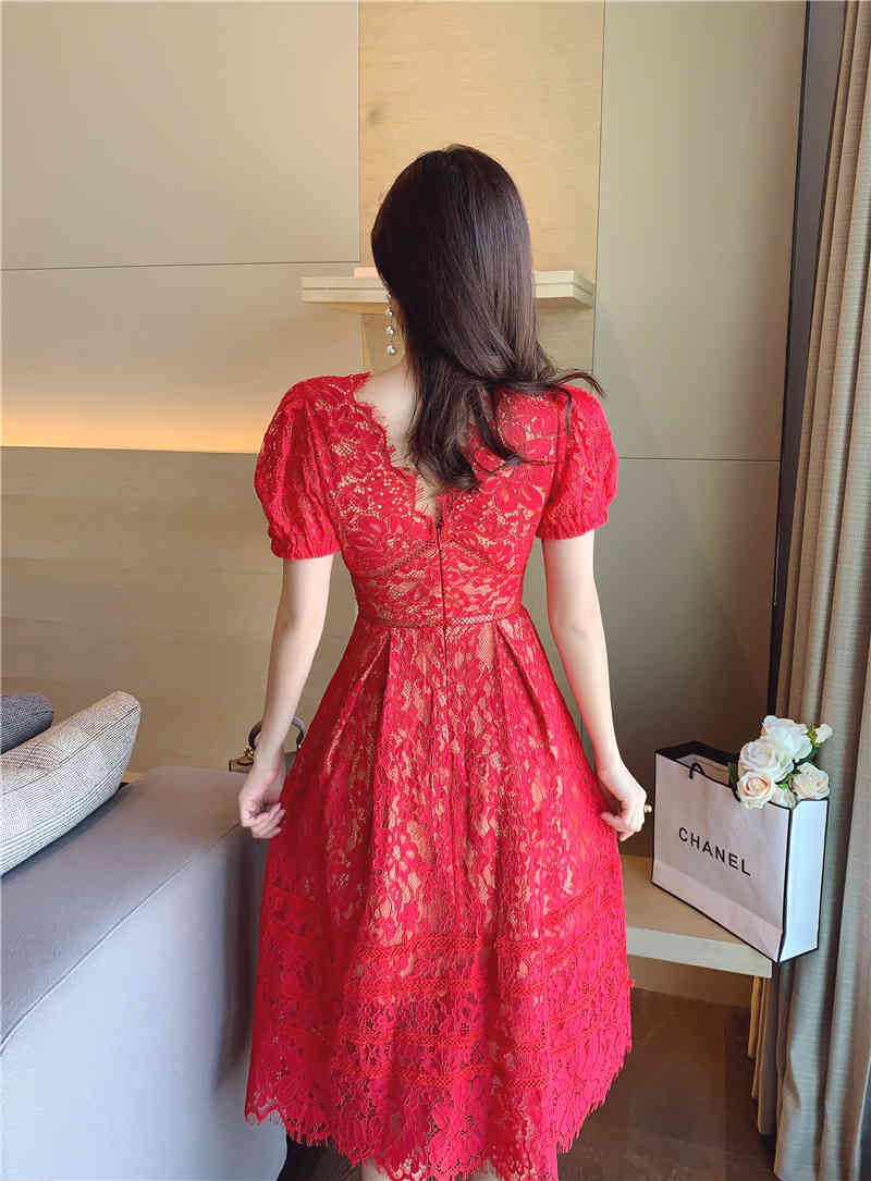 Arrived Summer Lace Dress For Woman Hollow Out V-Neck Vestidos Elegant Vintage Single-breasted Long Female 210519