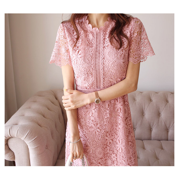 summer Korean ladies temperament Pink lace round neck waist slimming long air dress Knee-Length Short sleeve 210519