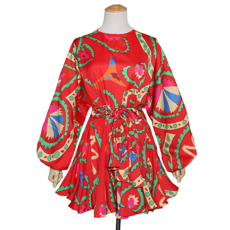 Getspring Women Dress Lantern Sleeve Bandage Printing Dresses Long Short Bohemian For Fashion 210513