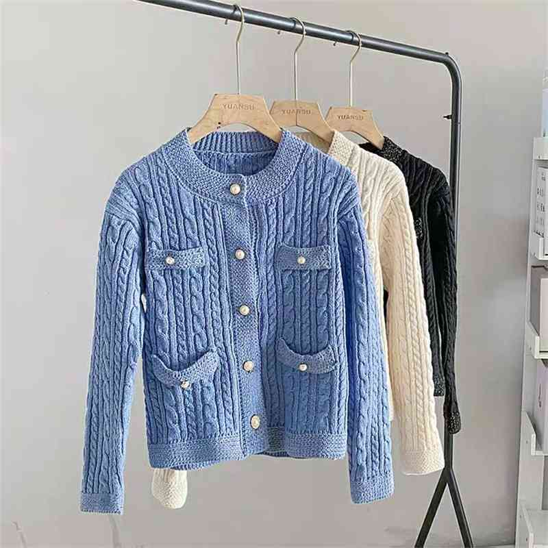 Elegant Women O-neck Knitted Cardigans Single-breasted Slim Twisted Sweater Female Autumn Outwear Tops 210506