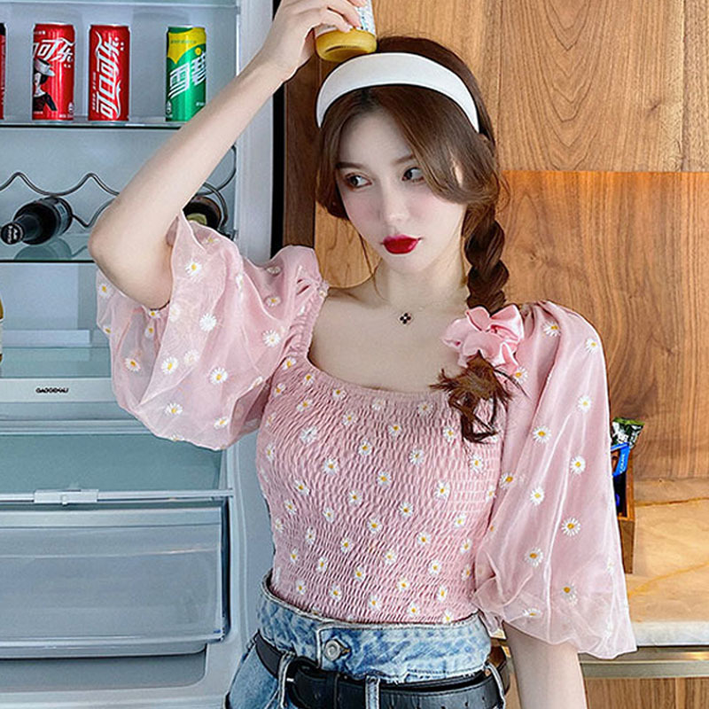 Summer Puff Sleeve Elegant Crop Top Female Chiffon Floral Blouse and Tops Womne Shirt Beach Blouse for Females Korean Chic 210521