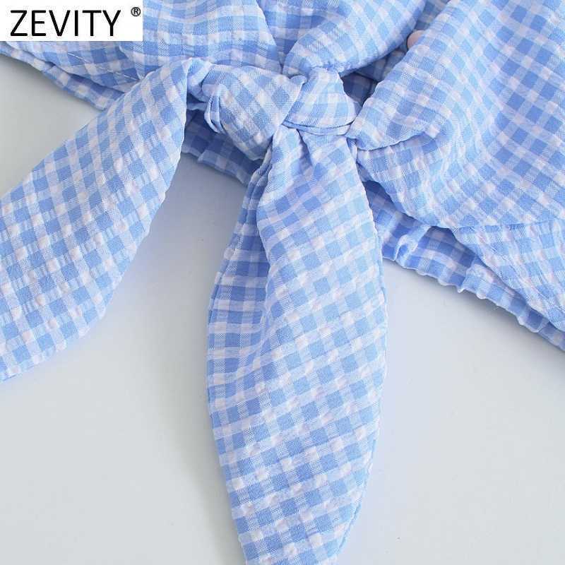 Zevity Women Sweet Agaric Lace Plaid Print Hem Knotted Short Shirt Female Lantern Sleeve Blouse Roupas Chic Crop Tops LS9345 210603