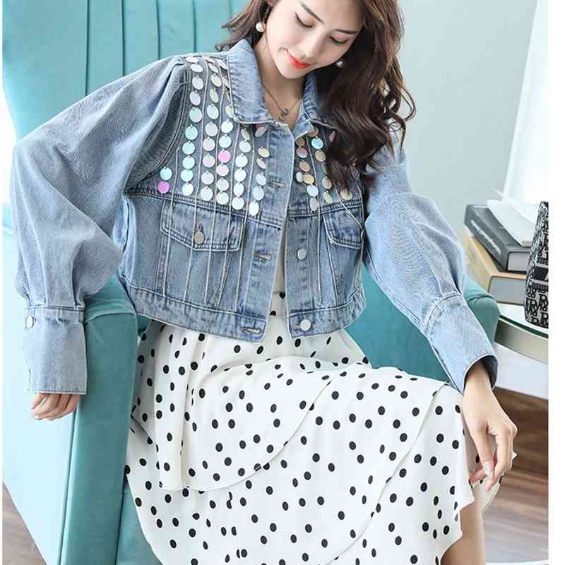 Spring Women Elegant Fashion Denim Jacket Womens Streetwear Sequined Tassel Long Sleeve Short Outerwear Female 210519