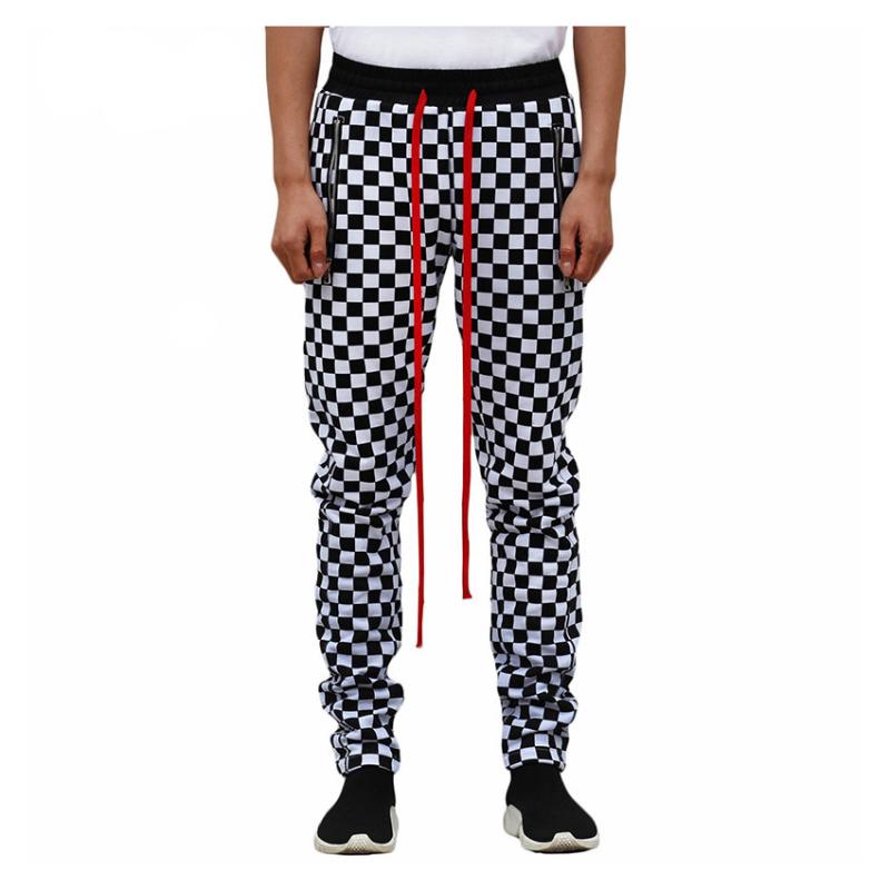 White Black Plaid Joggers Pants Men Hip Hop Retro Checkered Slim Fit Women Streetwear Ankle Zip Skinny Sweat Male Men's