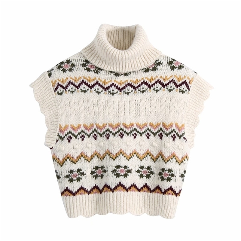 Causal Women Turtleneck Sweater Fashion Ladies Ruffles Knitted Tops Streetwear Female Chic Geometry Jacquard Pullover 210527