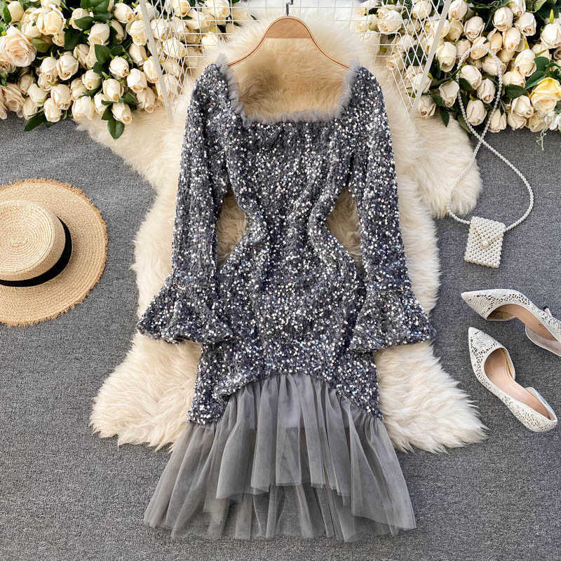 Women Shiny Sequins Dress Square Collar Flare Sleeve Slim A-line Dresses Fashion Chic Mesh Ruffles Short Party Dress 210602