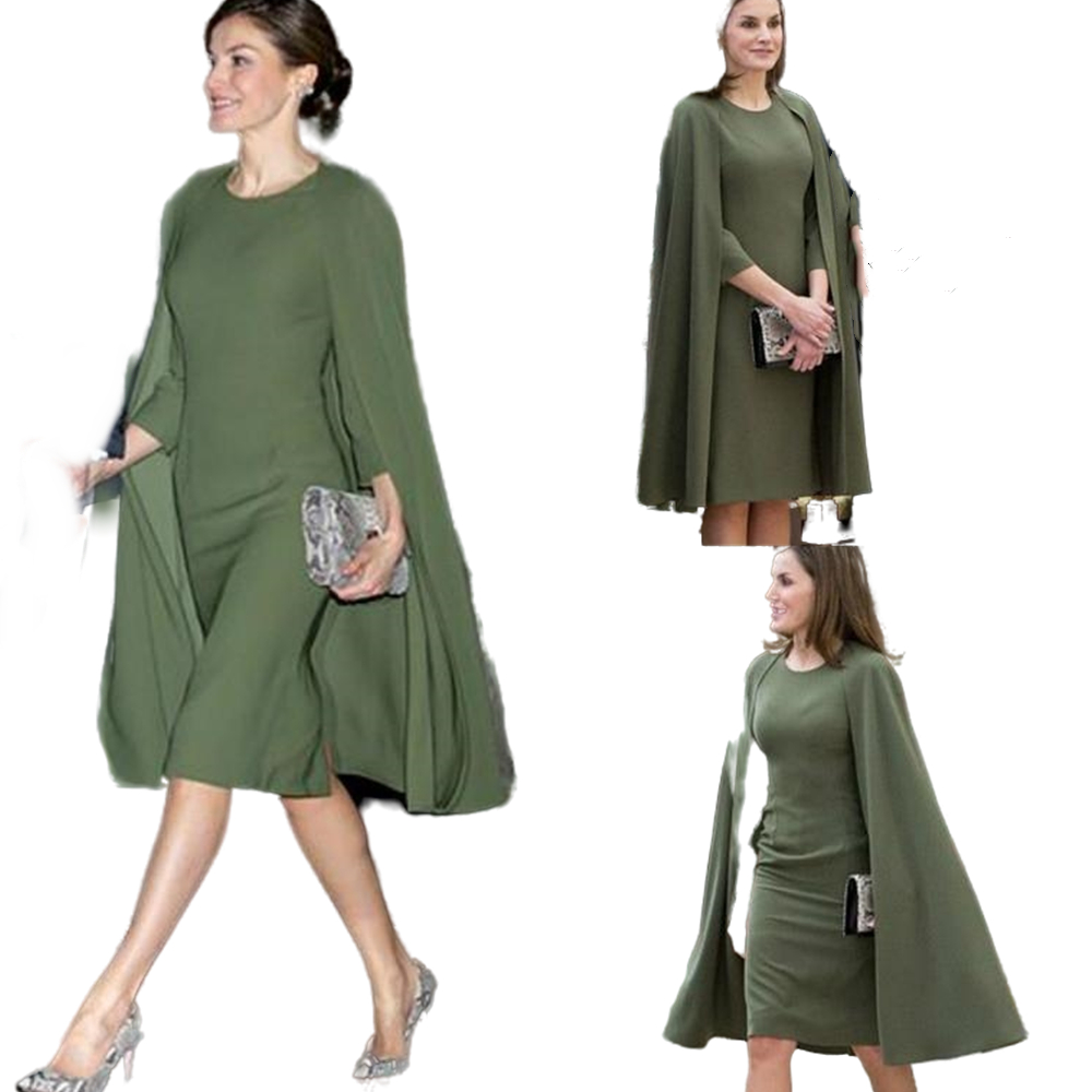 Olive Short Mother Of The Bride Dresses with Cape Knee Length Sheath Wedding Party Celebrity Formal Gowns Mothers Evening Dress vestidos robe