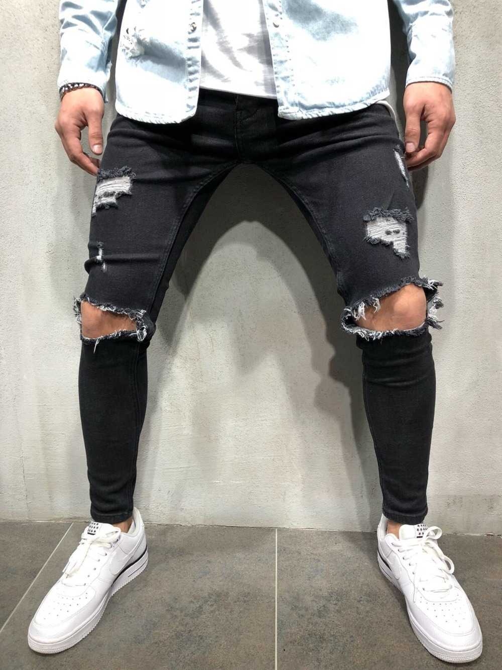 Fashion Men's Hole Jeans Black/Blue/Grey Hiphop Jeans 211011