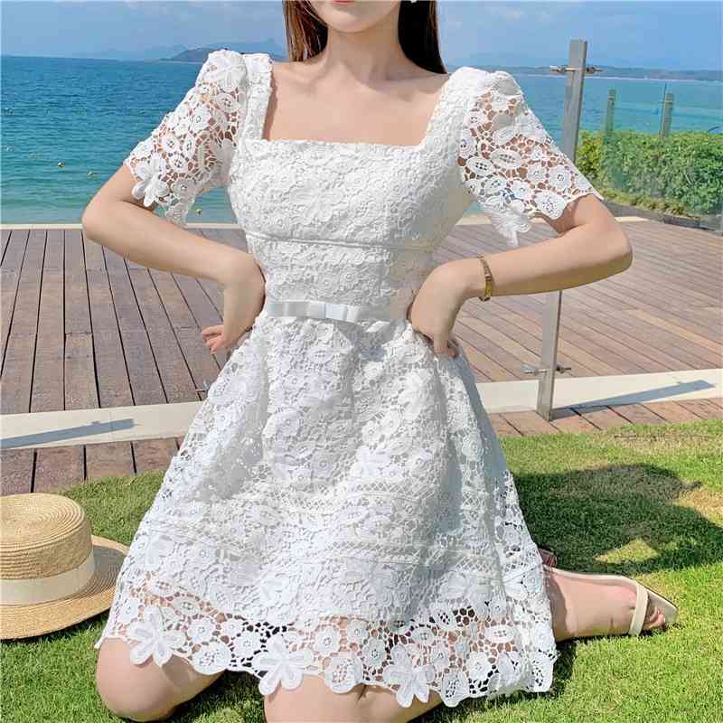 Sexy Lace Woman Dress Summer Square Collar Short Sleeve Dresses Party Club Vestido White Fashion 210520
