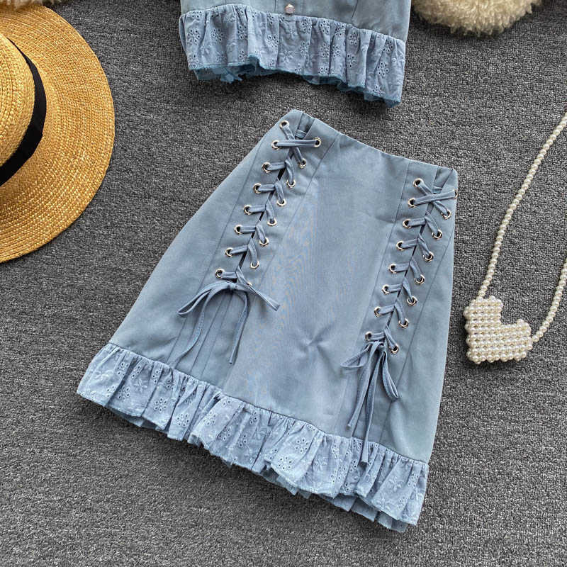 DEAT Women Skirt Slash Neck Ruffles Bandage Short Two Piece Set Fashion Temperament Spring Summer 11D337 210709