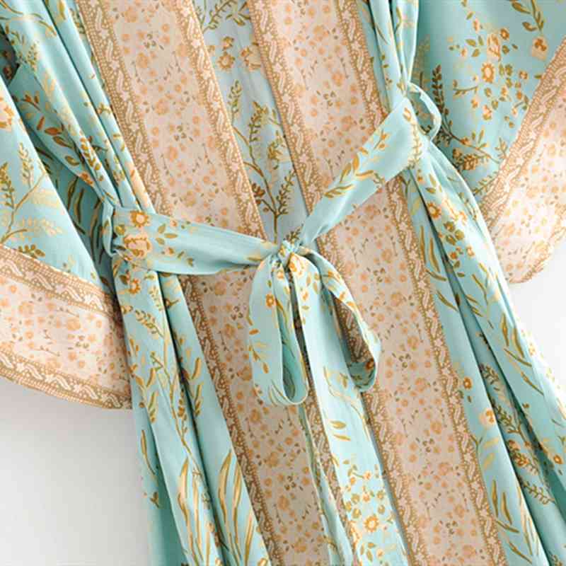 New Hot Selling Vintage Boho Floral Print Long Kimono Cardigan Summer Tops Belted Beachwear Vestido Blusas Mujer 210323