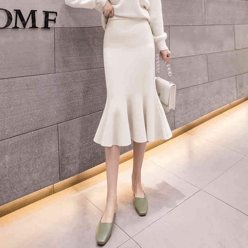 Nomikuma Knitted Mermaid Skirt Korean Solid Sexy Stretch Slim Women Sweater Skirts Autumn Winter New Elegant Faldas 6C953 210427