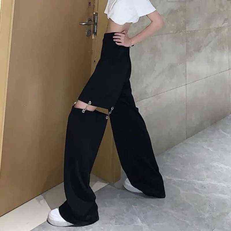 HOUZHOU Black Wide Leg Cargo Pants Women Hollow Out Streetwear Techwear Trousers Elastic Waist Patchwork Korean Fashion Summer 211115