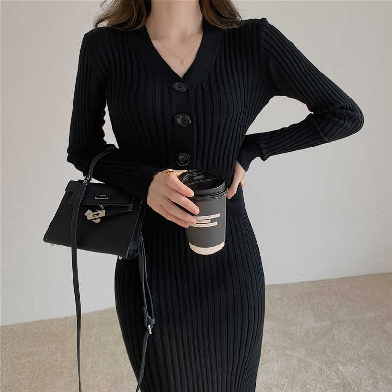 Yedinas Korean Sweater Dress Women Knitted Sweaters Dresses V-neck Bodycon Midi Button Decor Slim Long Sleeve Vestidos Elegantes 210527