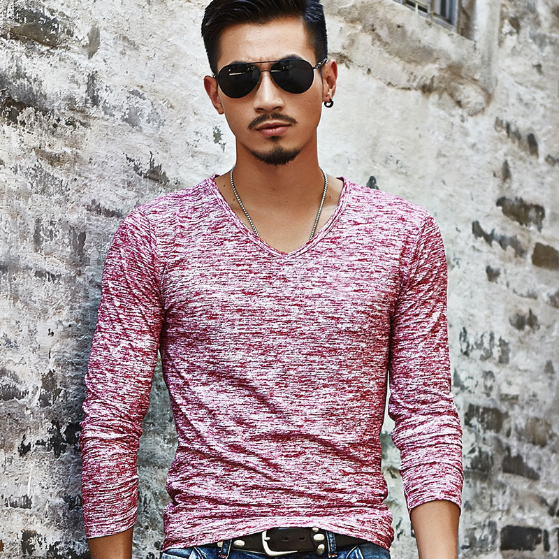Autumn Slim Streetwear V neck T Shirt Men Casual Fitness Tops&Tees Vintage Blue Long Sleeve Pullover shirt Homme Plus Size