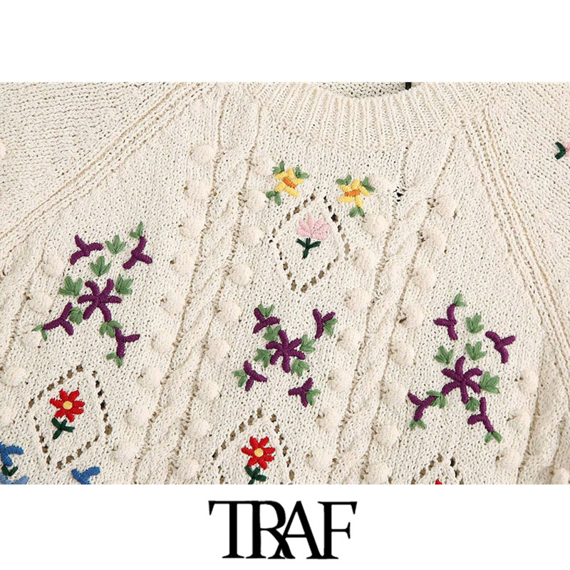 Women Fashion Floral Embroidery Cropped Knitted Sweater Vintage O Neck Short Sleeve Female Pullovers Chic Tops 210507