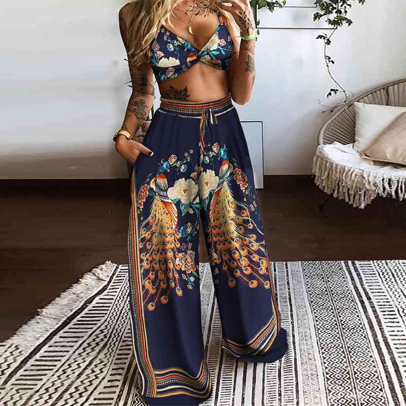 Female Fashion Pants Set Elegant Print 2 Piece Sets Summer Women Sexy Sleeveless Bandage Crop Tops And Wide Leg Pants Suits 210521, Multi
Female Fashion Pants Set Elegant Print 2 Piece Sets Summer Women Sexy Sleeveless Bandage Crop Tops And Wide Leg Pants Suits 210521, Multi