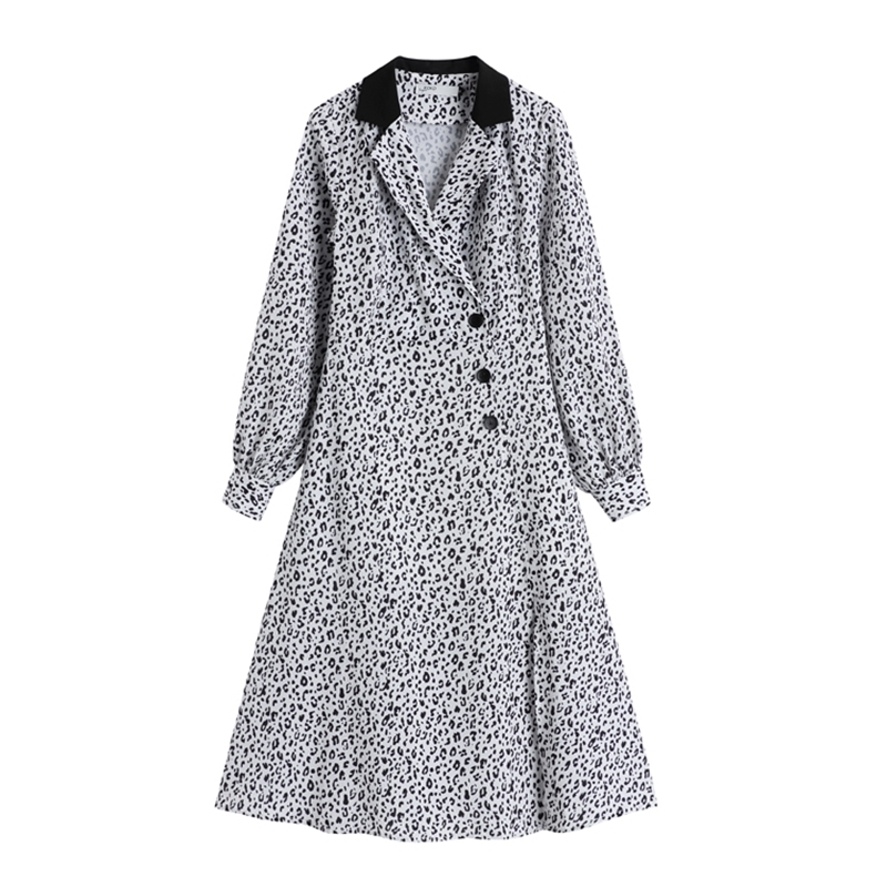 Spring Leopard Midi Dress For Women Fashion Long Sleeve Casual Print Split Party Chic Female Vestido De Mujer 210519