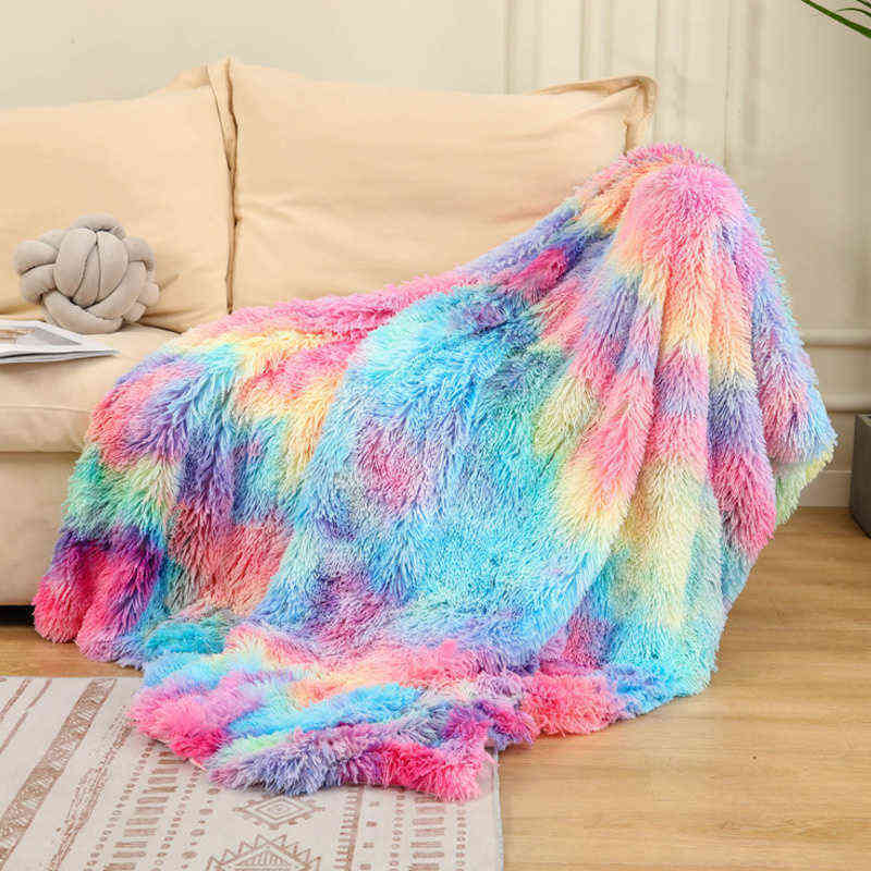 Double Layer Blanket Winter Cozy Warm Long Plush Rainbow Throw Blanket For Sofa Bed Colorful Furry Fluffy Tie Dye Bedspread 211227
