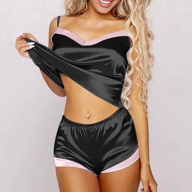 2pcs Pajama Set Women Satin Silk Pyjamas Sexy Sleep Cami Top Shorts Set Homesuit Lingerie Sleepwear Q0706