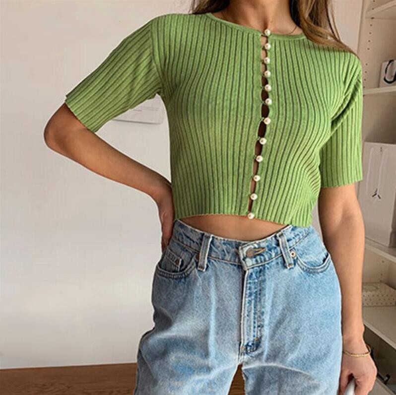 Summer Retro Knitting Single Breasted Pearl Cardigan Sweater Woman Stripe line O neck Short Sleeve Jumper Knitted Knitwear 210602