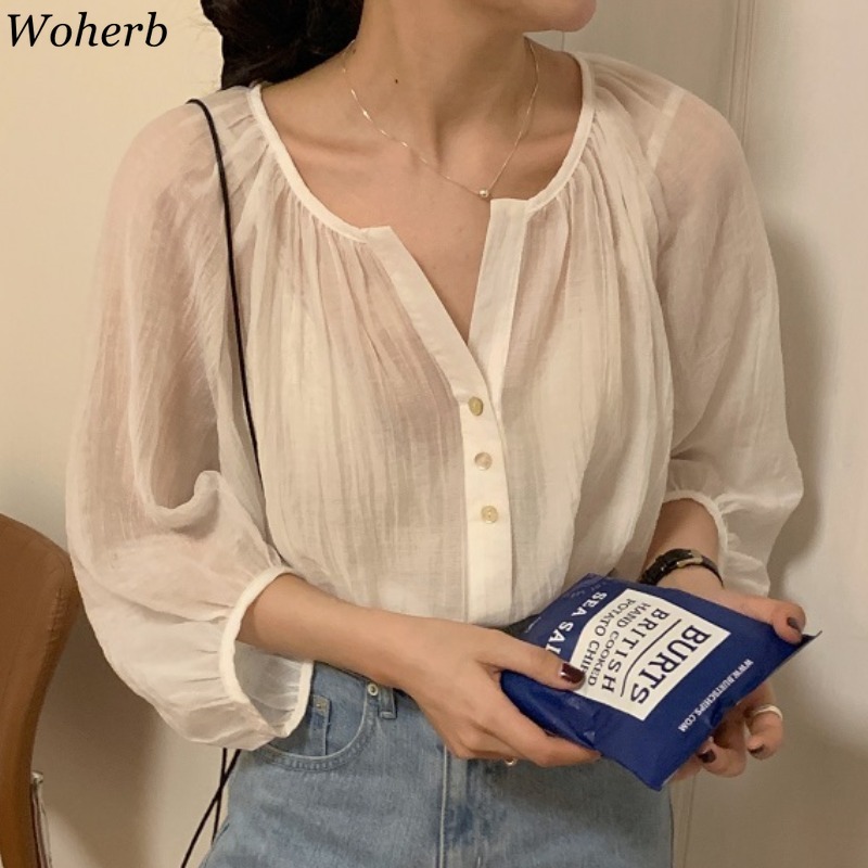 Women Blouses Holiday Sunscreen Shirts Summer Lantern Sleeve Blusas Female Korean Folds See Through Elegant Tops 210519